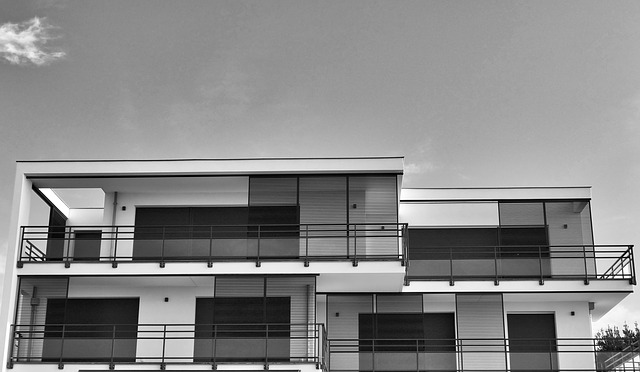 Eine schwarz-weiß-Aufnahme eines modernen Hauses mit großen Fenstern und Flachdach.